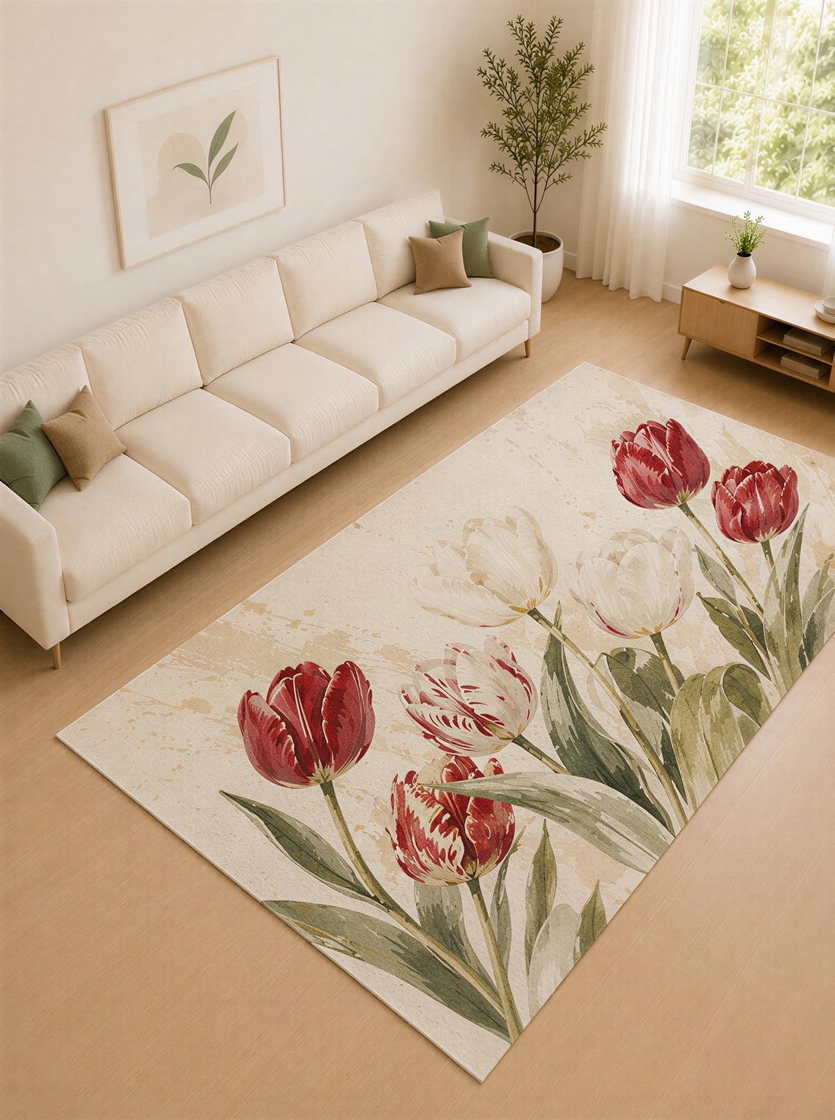 ICE ARMOR Large 6'7" x 9'10" Red Tulip and Ivory Garden Bouquet Area Rug for Living Room, Soft Low Pile Carpet with Non-Slip Silicone Backing, Decor for Bedroom and Home Office