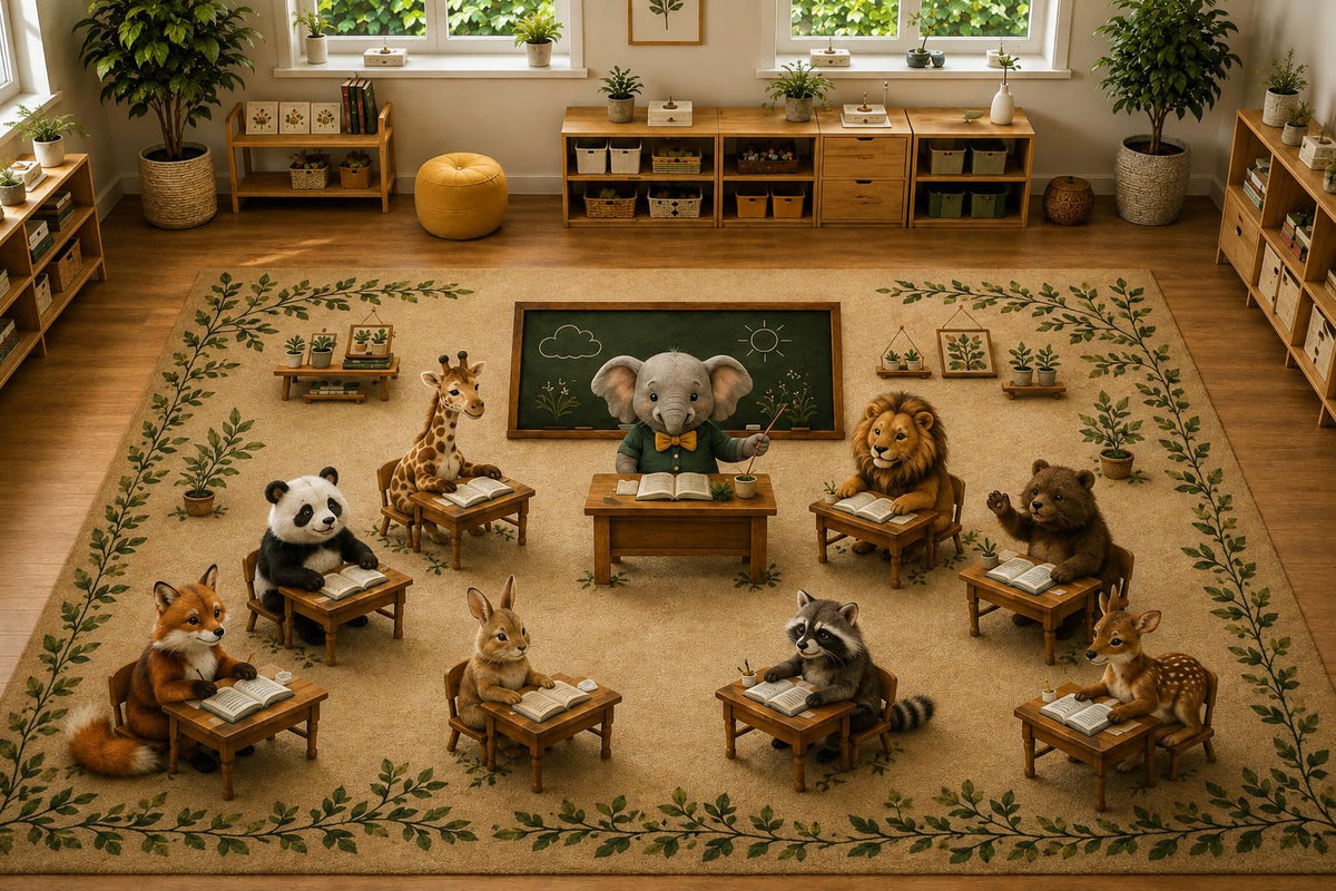 ICE ARMOR Large 6'7" x 9'10" Woodland Animal Class Area Rug, Soft Low Pile Indoor Rug with Non-Slip Silicone Backing for Kids Room, Playroom, Beige