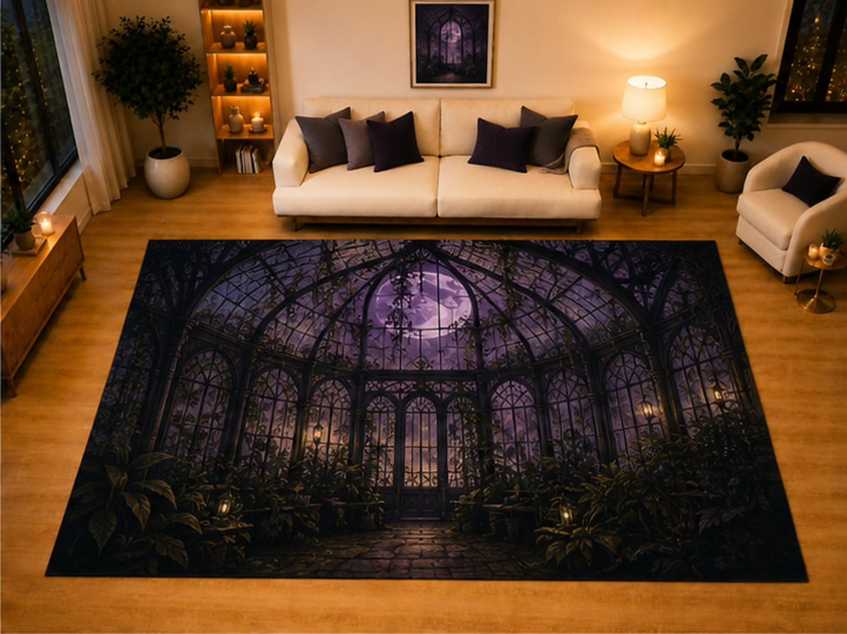 ICE ARMOR "Ultra Light Weight Large 6'7" x 9'10" Gothic Conservatory Full Moon Area Rug for Living Room Bedroom, Soft Low Pile Non-Slip Backing, Black Purple Victorian Greenhouse Decor