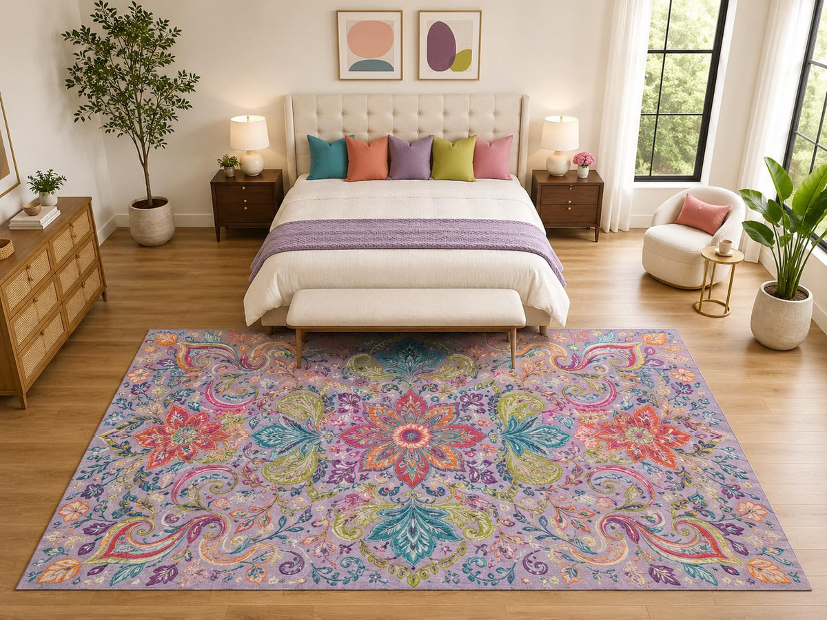 ICE ARMOR "Ultra Light Weight Large 6'7" x 9'10" Boho Floral Paisley Rug, Soft Low Pile Indoor Rug, Non-Slip Silicone Backing for Bedroom Lavender
