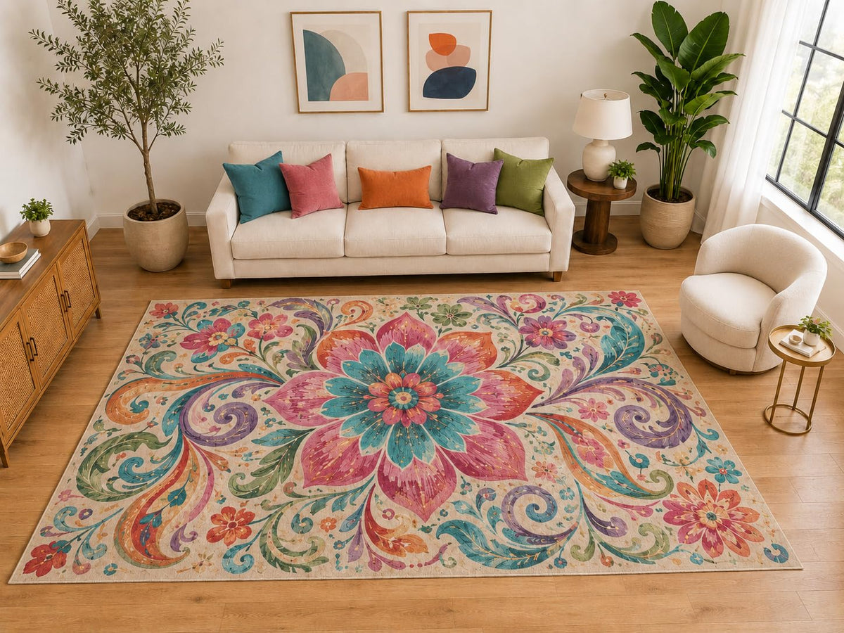 ICE ARMOR "Ultra Light Weight Large 6'7" x 9'10" Boho Floral Bloom Rug, Soft Low Pile Indoor Rug, Non-Slip Silicone Backing for Nursery Beige