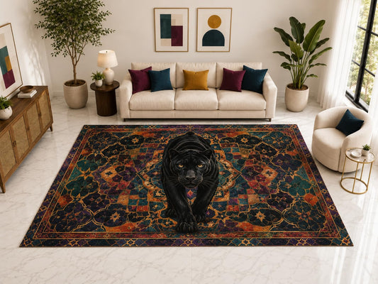 ICE ARMOR "Ultra Light Weight Large 6'7" x 9'10" Black Panther Ornate Rug, Soft Low Pile Indoor Rug, Non-Slip Silicone Backing for Office, Multicolor