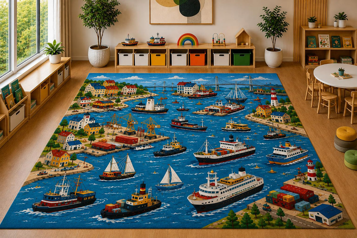 ICE ARMOR Large 6'7" x 9'10" Harbor Boats Coastal Area Rug, Soft Low Pile Indoor Rug with Non-Slip Silicone Backing for Kids Room Playroom, Blue