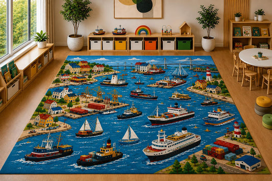 ICE ARMOR Large 6'7" x 9'10" Harbor Boats Coastal Area Rug, Soft Low Pile Indoor Rug with Non-Slip Silicone Backing for Kids Room Playroom, Blue