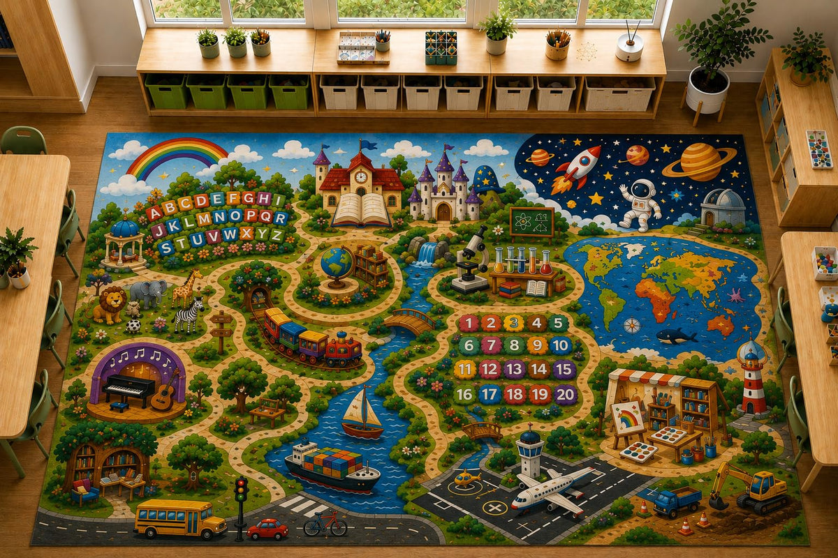 ICE ARMOR Large 6'7" x 9'10" Educational Discovery Map Area Rug, Soft Low Pile Indoor Rug with Non-Slip Silicone Backing for Kids Room Playroom, Blue