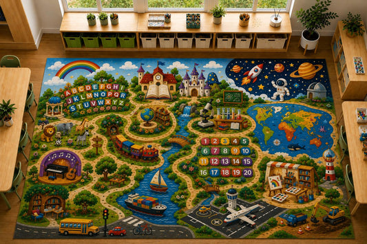 ICE ARMOR Large 6'7" x 9'10" Educational Discovery Map Area Rug, Soft Low Pile Indoor Rug with Non-Slip Silicone Backing for Kids Room Playroom, Blue