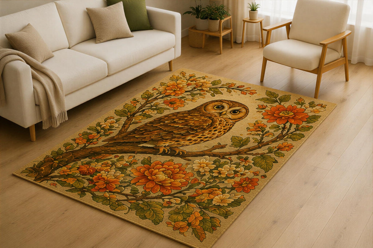 ICE ARMOR 5' x 7' Floral Owl Area Rug for Living Room, Soft Low Pile Indoor Rug with Non-Slip Silicone Backing, Botanical Wildlife Carpet for Bedroom, Office, Family Room, Kids & Pets, Beige Orange