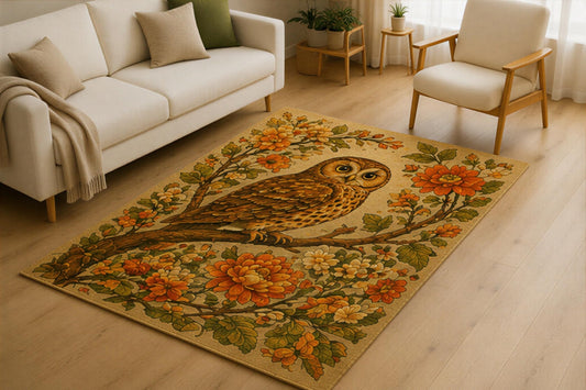 ICE ARMOR 5' x 7' Floral Owl Area Rug for Living Room, Soft Low Pile Indoor Rug with Non-Slip Silicone Backing, Botanical Wildlife Carpet for Bedroom, Office, Family Room, Kids & Pets, Beige Orange