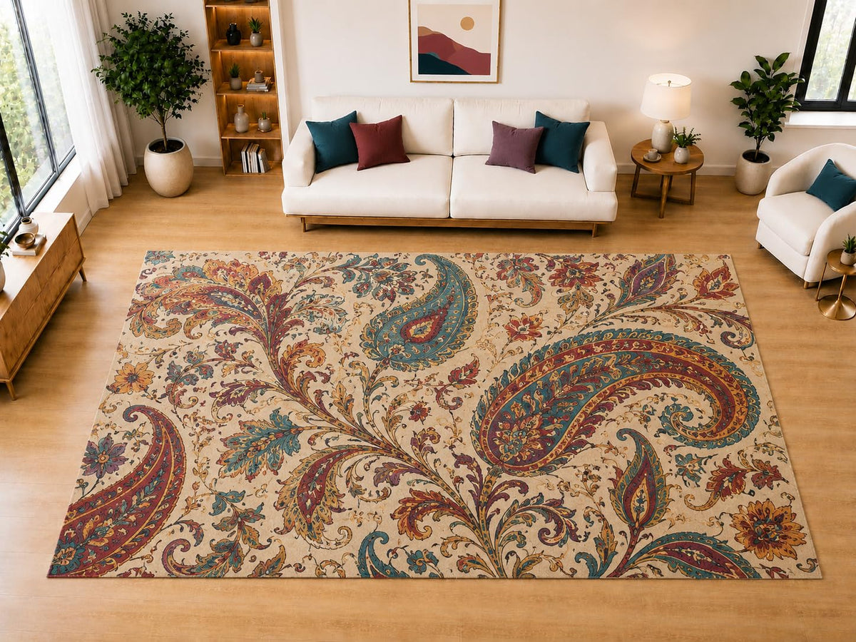 ICE ARMOR "Ultra Light Weight Large 6'7" x 9'10" Oversized Paisley Floral Area Rug for Living Room, Bedroom, Dining Room, Soft Low Pile Non-Slip Backing, Cream Teal Rust Burgundy