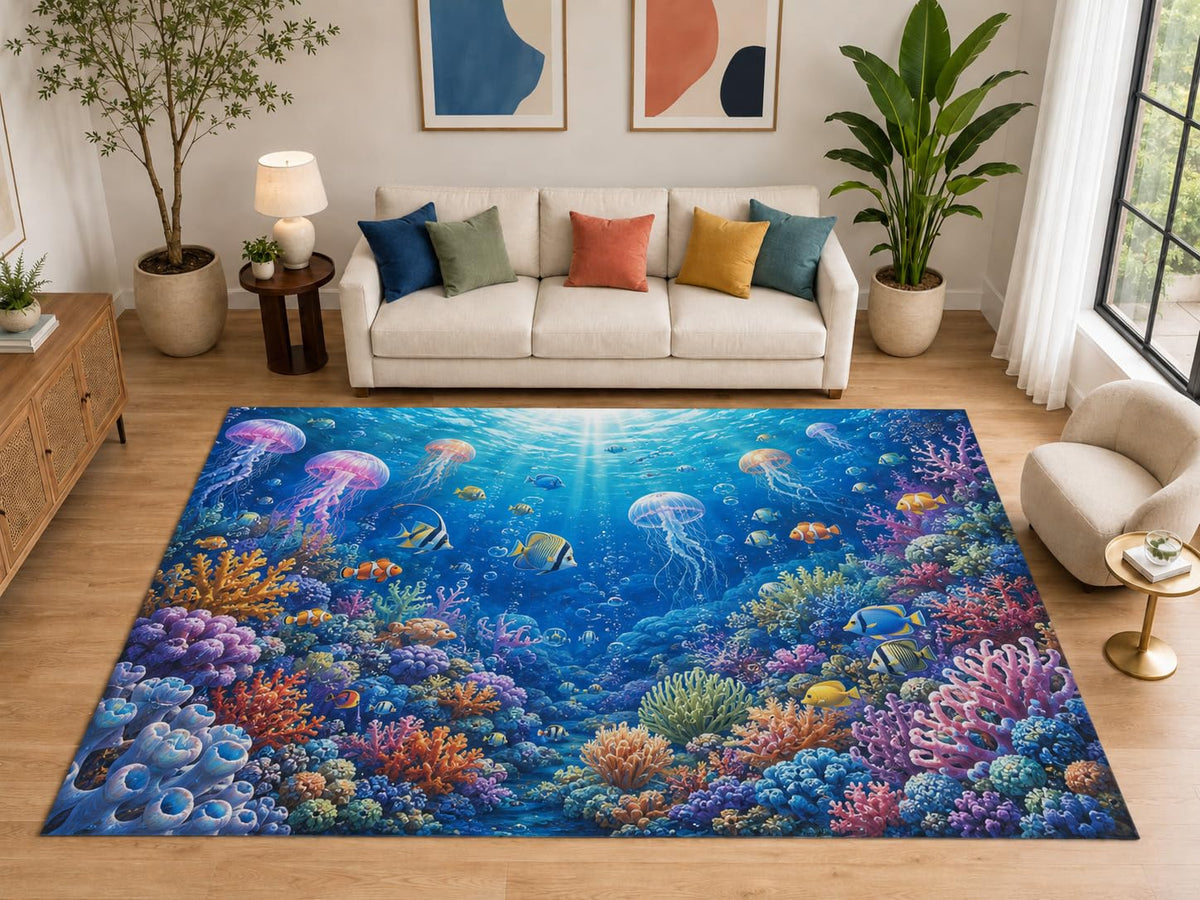 ICE ARMOR "Ultra Light Weight Large 6'7" x 9'10" Jellyfish Coral Reef Area Rug for Bedroom, Soft Low Pile Indoor Rug and Non-Slip Silicone Backing, Deep Blue