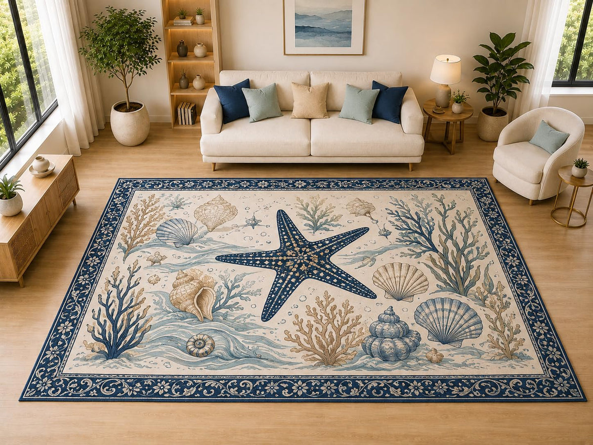 ICE ARMOR "Ultra Light Weight Large 6'7" x 9'10" Starfish Seashell Coastal Decor, Living Room, Bedroom, Dining Room, Office, Family Room, Soft Low Pile Indoor Rug, Non-Slip Silicone Backing, Blue
