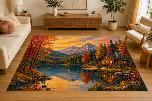 ICE ARMOR 5' x 7' Rustic Cabin Mountain Lake Area Rug, Soft Low Pile Indoor Rug with Non-Slip Silicone Backing, Nature Carpet for Living Room, Bedroom, Family Room, Autumn Brown