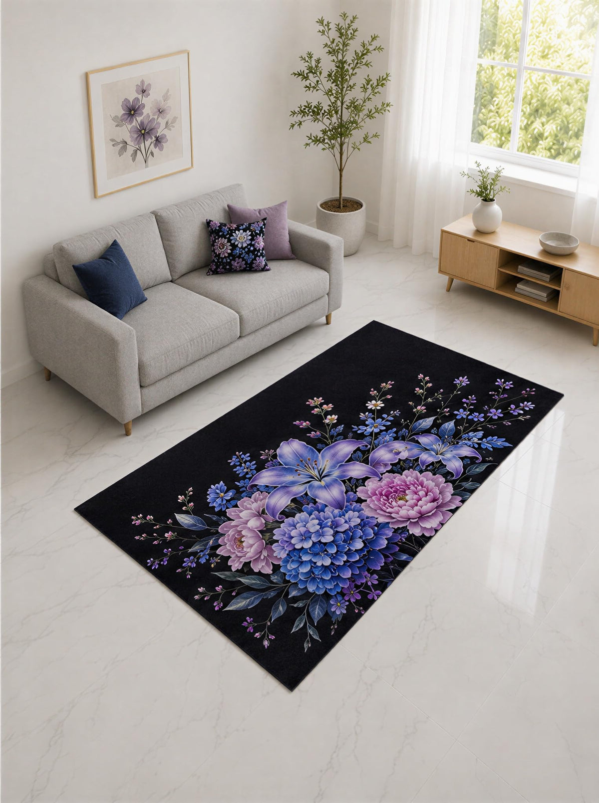 ICE ARMOR "Ultra Lightweight 5' x 7' Purple and Blue Lily Hydrangea Bouquet Area Rug for Living Room, Bedroom and Home Office, Soft Low Pile Carpet with Non-Slip Silicone Backing