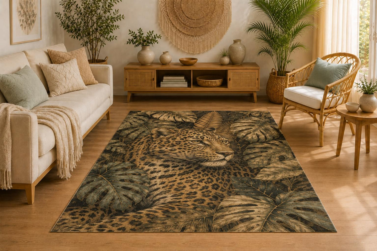 ICE ARMOR 5' x 7' Jungle Leopard Area Rug, Soft Low Pile Indoor Rug with Non-Slip Silicone Backing, Decorative Carpet for Living Room, Bedroom, Dining Room, Office, Tropical Wildlife Decor
