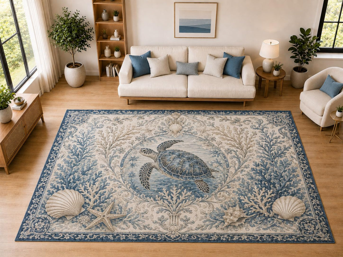 ICE ARMOR "Ultra Light Weight Large 6'7" x 9'10" Sea Turtle Botanical, Living Room, Bedroom, Dining Room, Office, Family Room, Soft Low Pile Indoor Rug, Non-Slip Silicone Backing, Blue