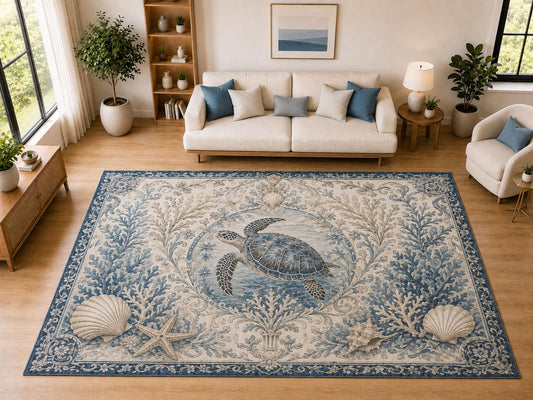 ICE ARMOR "Ultra Light Weight Large 6'7" x 9'10" Sea Turtle Botanical, Living Room, Bedroom, Dining Room, Office, Family Room, Soft Low Pile Indoor Rug, Non-Slip Silicone Backing, Blue