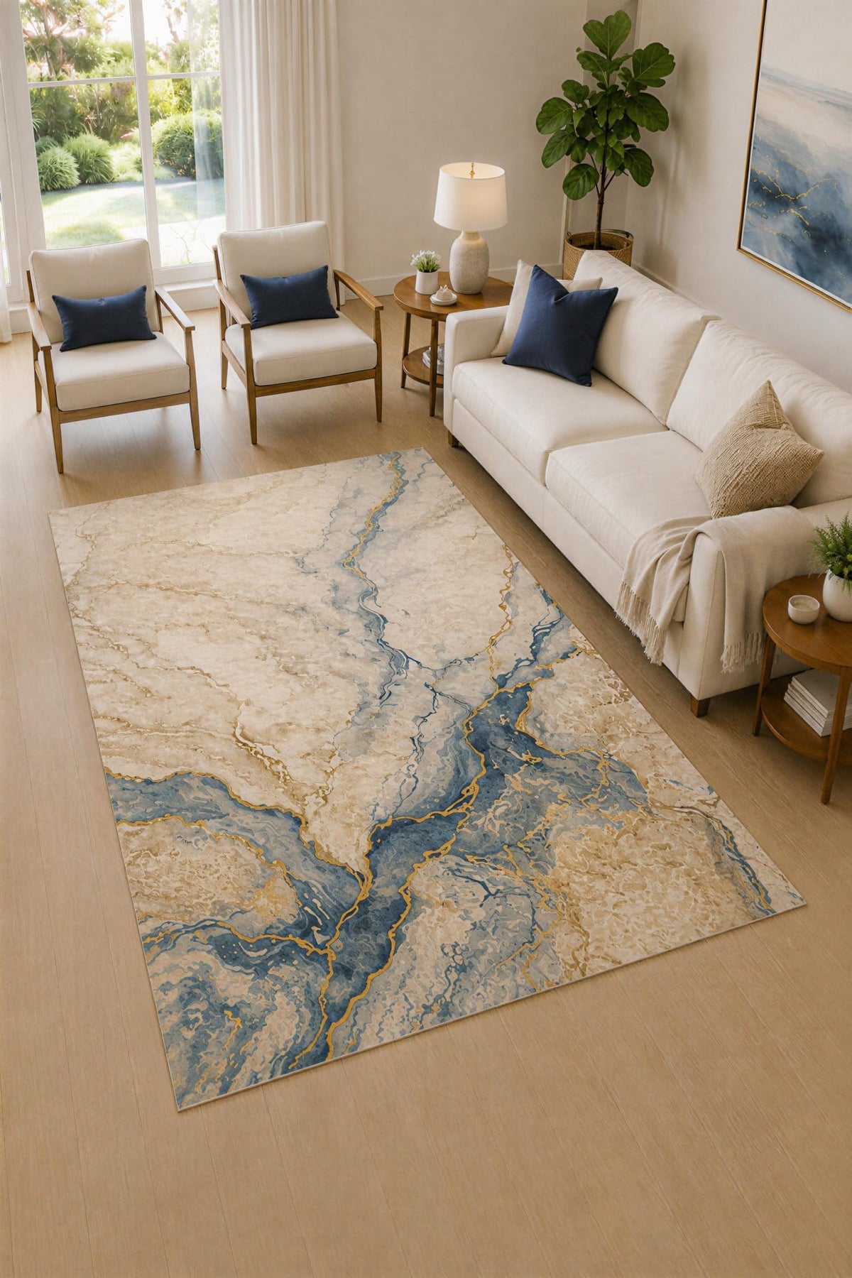 ICE ARMOR 5' x 7' Blue and Cream Mineral Stream Area Rug for Living Room, Soft Low Pile Carpet with Non-Slip Silicone Backing, Decor for Bedroom and Home Office
