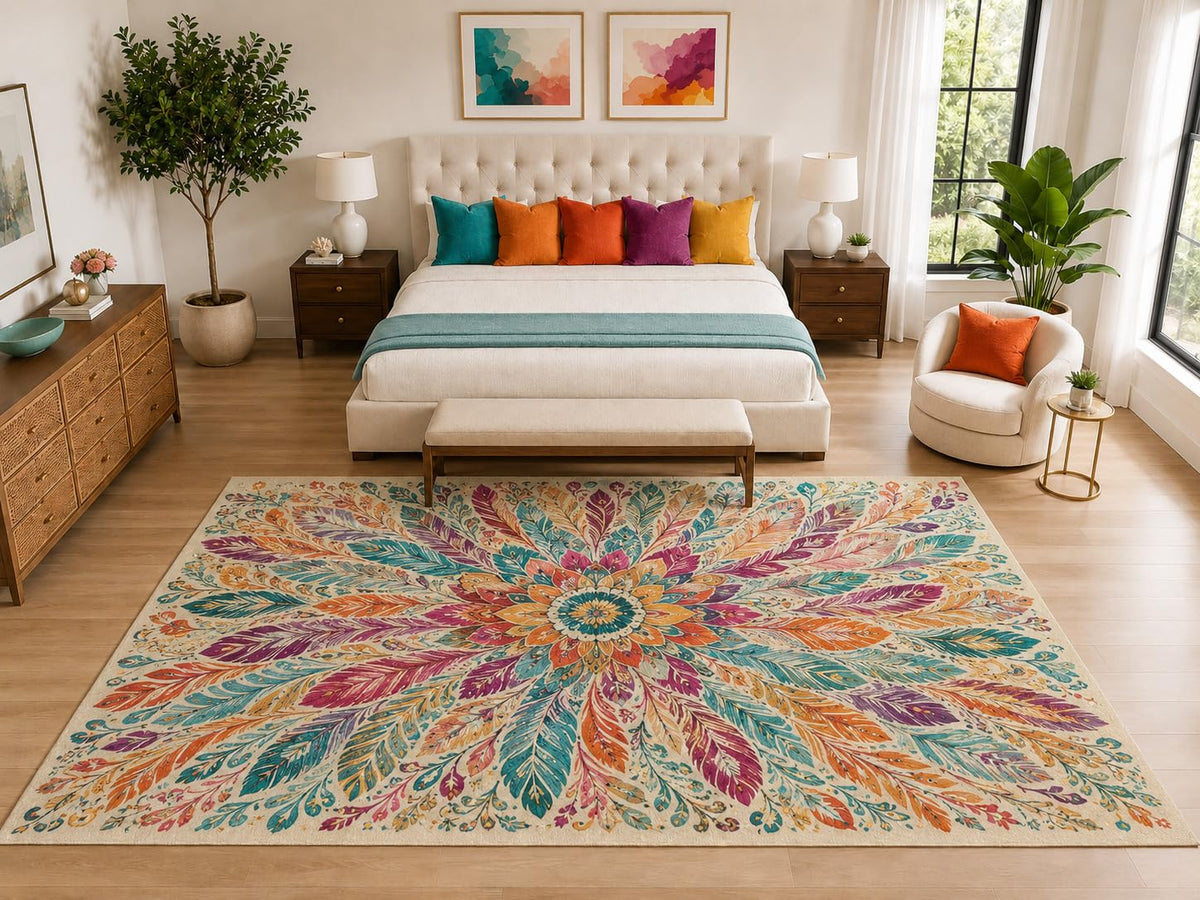 ICE ARMOR "Ultra Light Weight Large 6'7" x 9'10" Feather Mandala Rug, Soft Low Pile Indoor Rug, Non-Slip Silicone Backing for Bedroom Cream