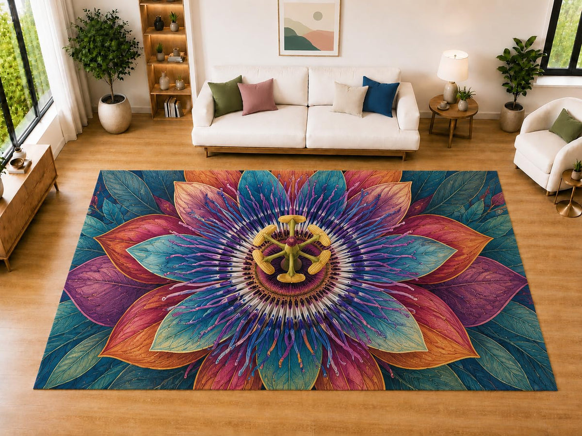 ICE ARMOR "Ultra Light Weight Large 6'7" x 9'10" Passion Flower Area Rug for Living Room Bedroom Dining Room, Soft Low Pile Non-Slip Backing, Teal Purple Orange Pink Tropical Decor