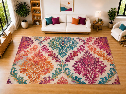 ICE ARMOR "Ultra Light Weight Large 6'7" x 9'10" Damask Floral Area Rug for Living Room Bedroom Dining Room, Soft Low Pile Non-Slip Backing, Pink Orange Teal Cream Vintage Botanical Decor