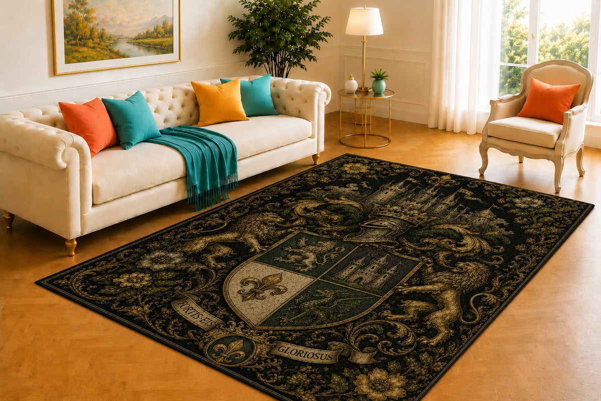ICE ARMOR 5' x 7' Heraldic Shield Rug, Castle Crest and Floral Scrollwork Design, Smooth Printed Floor Cover for Library, Office, Lounge and Medieval Decor