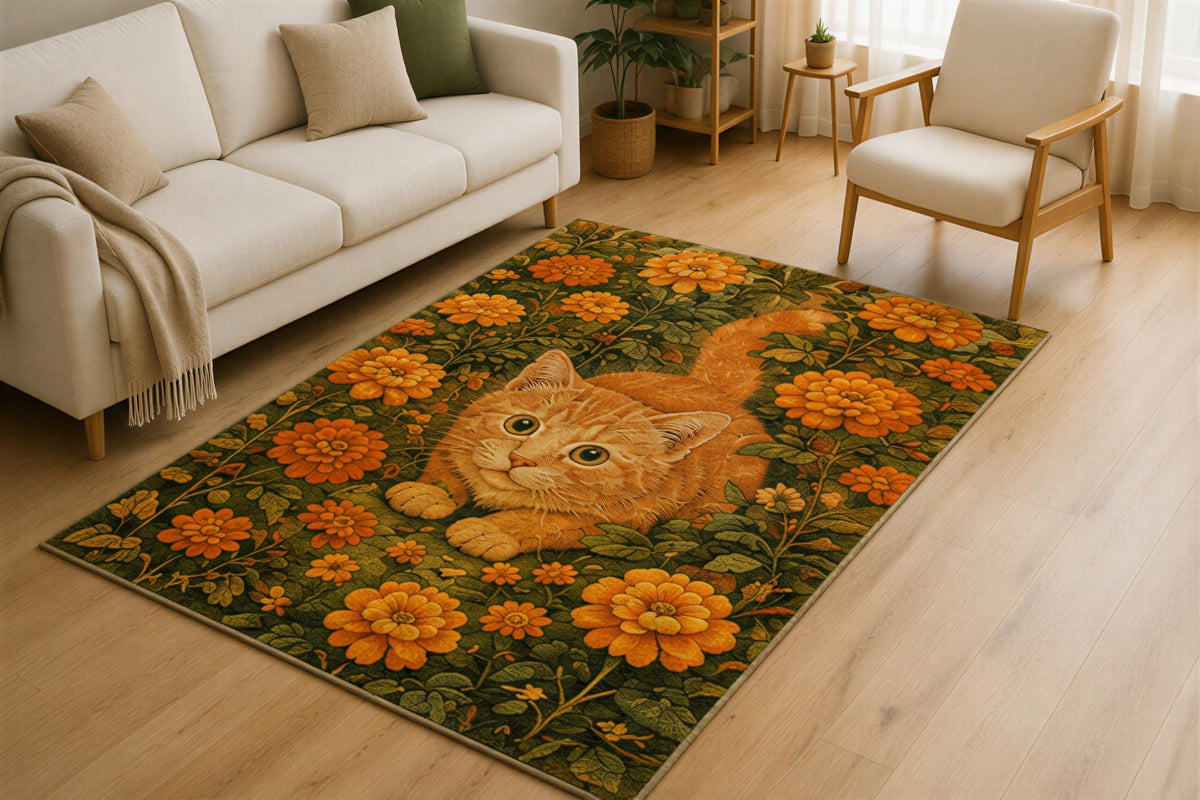 ICE Armor 5' x 7' Orange Kitten Floral Area Rug for Living Room, Soft Low Pile Indoor Rug with Non-Slip Silicone Backing, Botanical Carpet for Bedroom, Nursery, Family Room, Kids & Pets, Orange Green