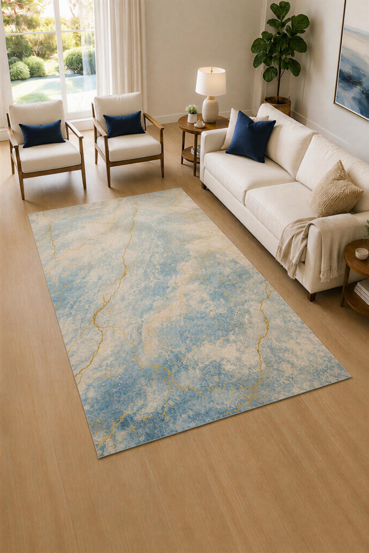 ICE ARMOR 5' x 7' Blue and Ivory Veins Area Rug for Living Room, Soft Low Pile Carpet with Non-Slip Silicone Backing, Decor for Bedroom and Home Office