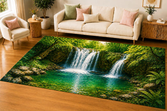 ICE ARMOR 5' x 7' Forest Waterfall Area Rug, Soft Low Pile Indoor Rug with Non-Slip Silicone Backing, Nature Carpet for Living Room, Bedroom, Office, Family Room, Emerald Green