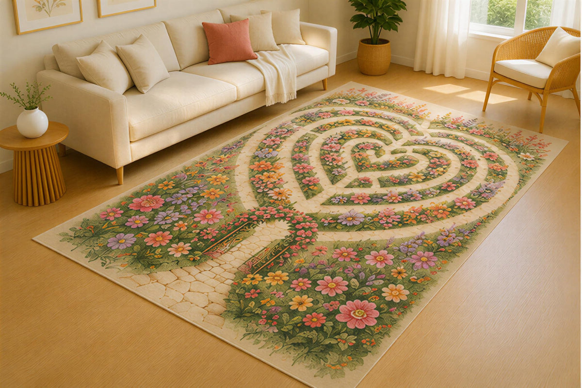 ICE ARMOR 5' x 7' Floral Heart Maze Area Rug for Living Room, Soft Low Pile Indoor Rug with Non-Slip Silicone Backing, Romantic Garden Carpet for Bedroom, Office, Family Room, Kids & Pets, Green Pink