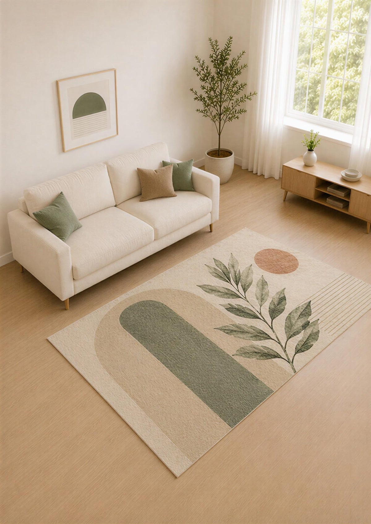 ICE ARMOR 5' x 7' Sage Green and Beige Botanical Arches Area Rug for Living Room, Soft Low Pile Carpet with Non-Slip Silicone Backing, Decor for Bedroom and Home Office