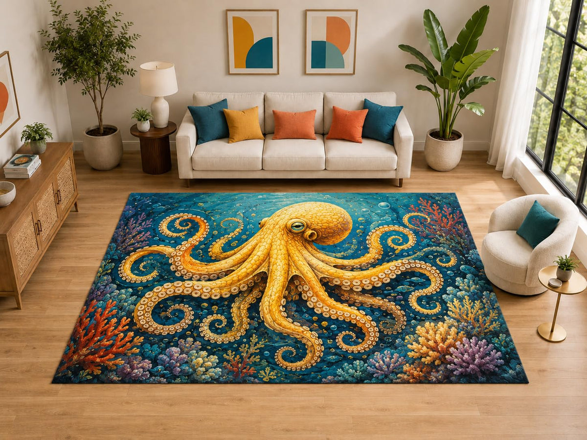 ICE ARMOR "Ultra Light Weight Large 6'7" x 9'10" Yellow Octopus Reef Rug Living Room, Soft Low Pile Indoor Rug and Non-Slip Silicone Backing, Teal