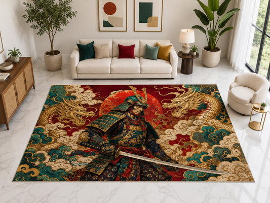 ICE ARMOR "Ultra Light Weight Large 6'7" x 9'10" Samurai Dragon Cloud Rug, Soft Low Pile Indoor Rug, Non-Slip Silicone Backing for Family Room Red