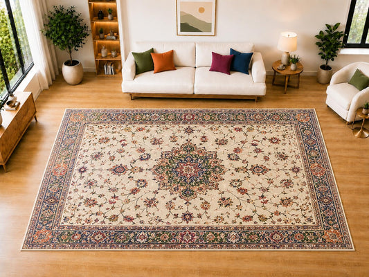 ICE ARMOR "Ultra Light Weight Large 6'7" x 9'10" Heritage Vine Medallion Area Rug for Living Room, Bedroom, Dining Room, Soft Low Pile Non-Slip Backing, Ivory Green Rust Navy