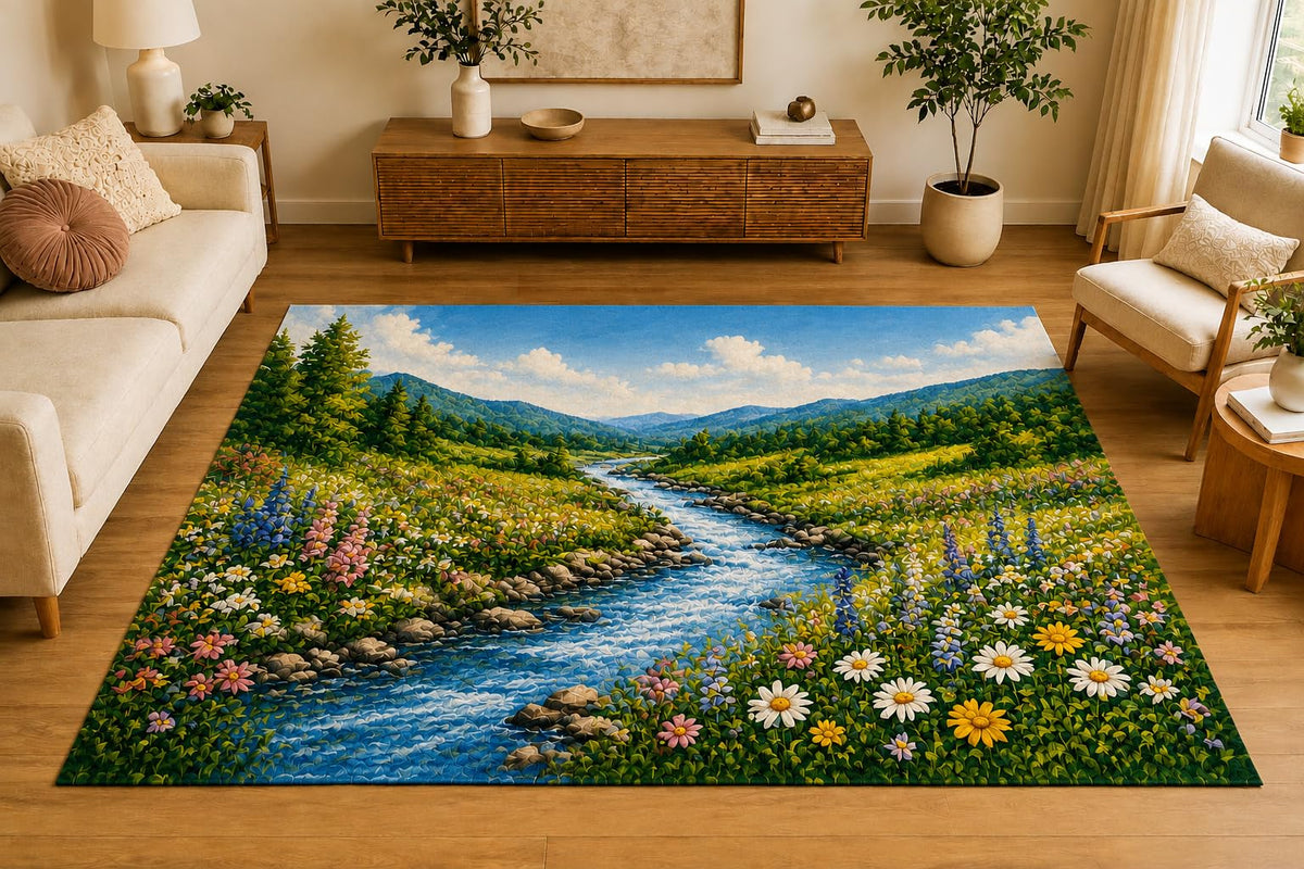 ICE ARMOR 5' x 7' Wildflower Meadow River Area Rug, Soft Low Pile Indoor Rug with Non-Slip Silicone Backing, Scenic Carpet for Living Room, Bedroom, Family Room, Sage Blue