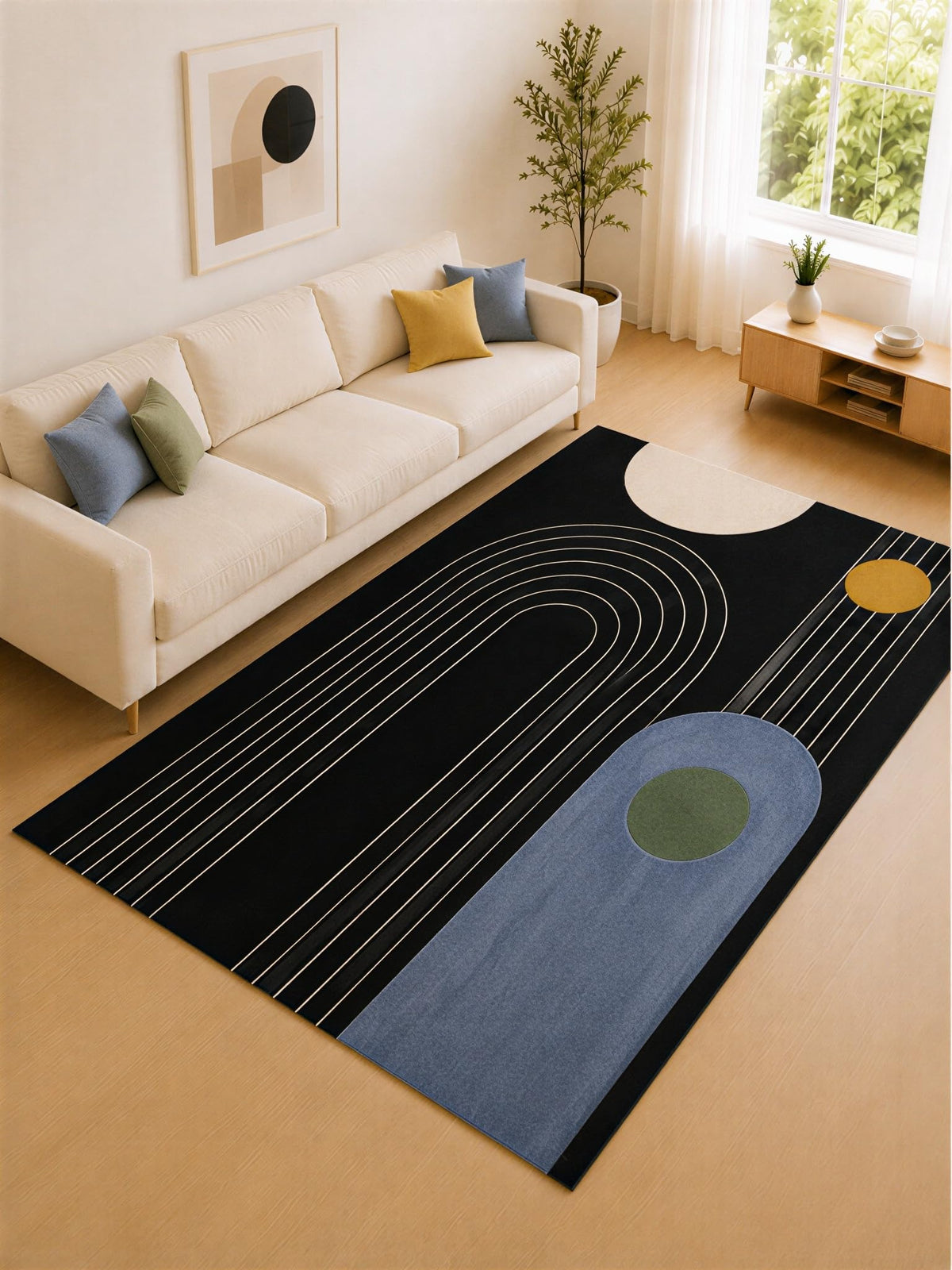 ICE ARMOR "Ultra Lightweight Large 6'7" x 9'10" Black and Blue Retro Path Area Rug for Living Room, Bedroom and Home Office, Soft Low Pile Carpet with Non-Slip Silicone Backing
