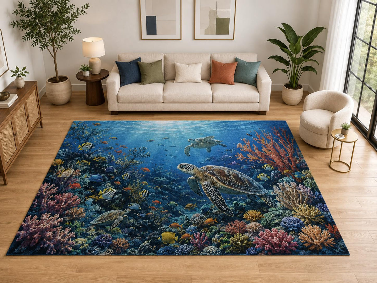 ICE ARMOR "Ultra Light Weight Large 6'7" x 9'10" Sea Turtle Reef Rug for Bedroom, Soft Low Pile Indoor Rug and Non-Slip Silicone Backing, Deep Blue