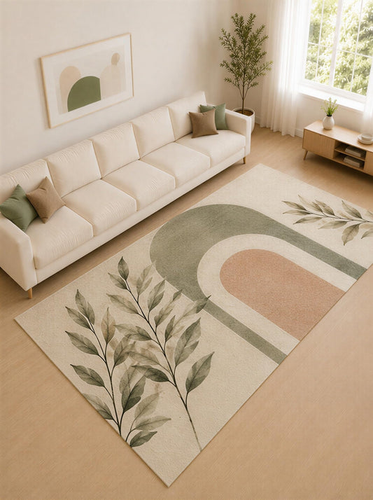 ICE ARMOR Large 6'7" x 9'10" Sage Green and Blush Arch Leaves Area Rug for Living Room, Soft Low Pile Carpet with Non-Slip Silicone Backing, Decor for Bedroom and Home Office