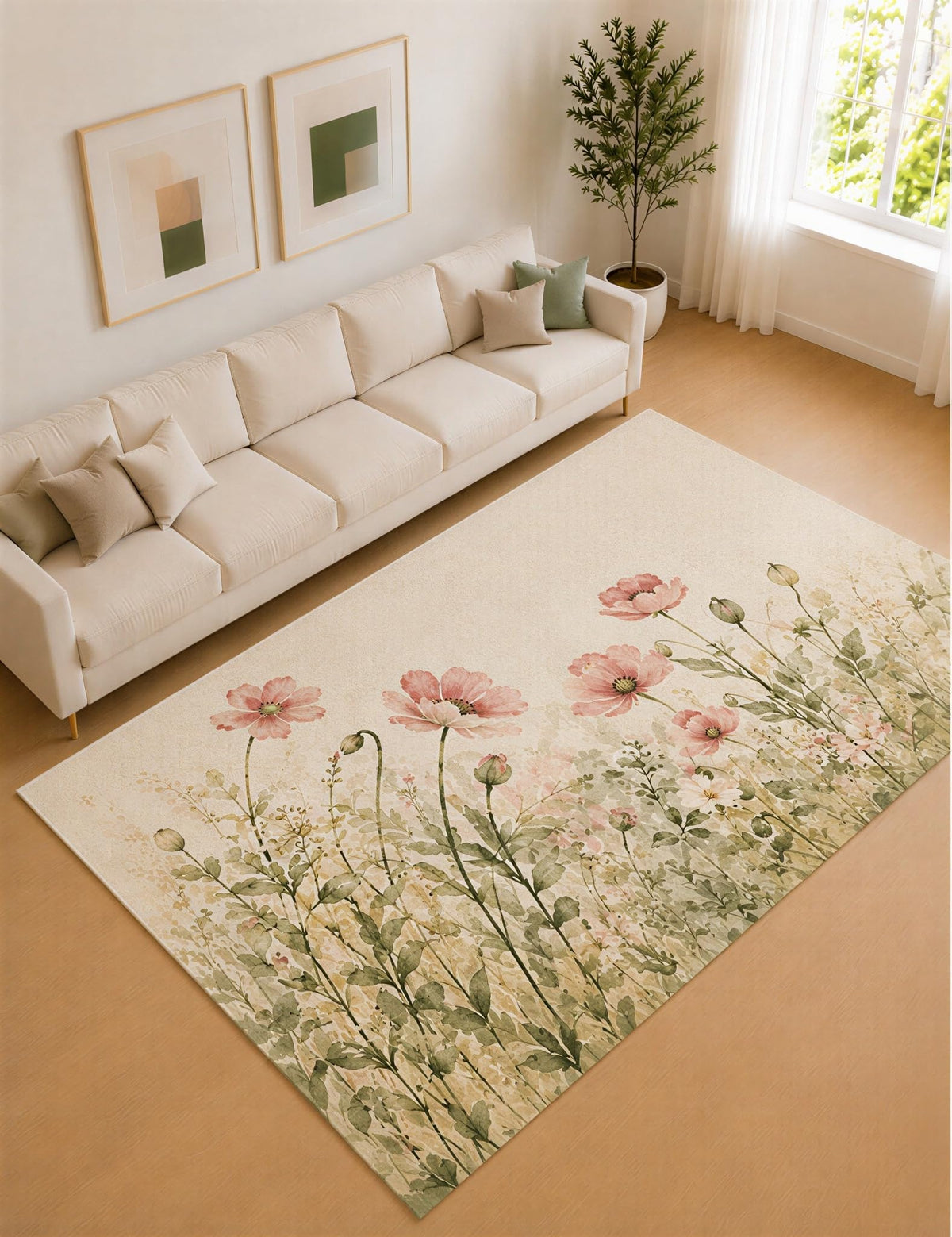 ICE ARMOR Large 6'7" x 9'10" Blush Pink and Sage Poppy Garden Area Rug for Living Room, Soft Low Pile Carpet with Non-Slip Silicone Backing, Decor for Bedroom and Home Office