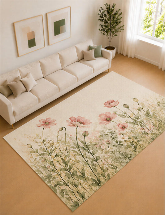 ICE ARMOR Large 6'7" x 9'10" Blush Pink and Sage Poppy Garden Area Rug for Living Room, Soft Low Pile Carpet with Non-Slip Silicone Backing, Decor for Bedroom and Home Office