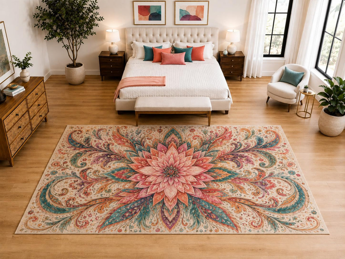 ICE ARMOR "Ultra Light Weight Large 6'7" x 9'10" Coral Floral Mandala Rug, Soft Low Pile Indoor Rug, Non-Slip Silicone Backing for Living Room Beige
