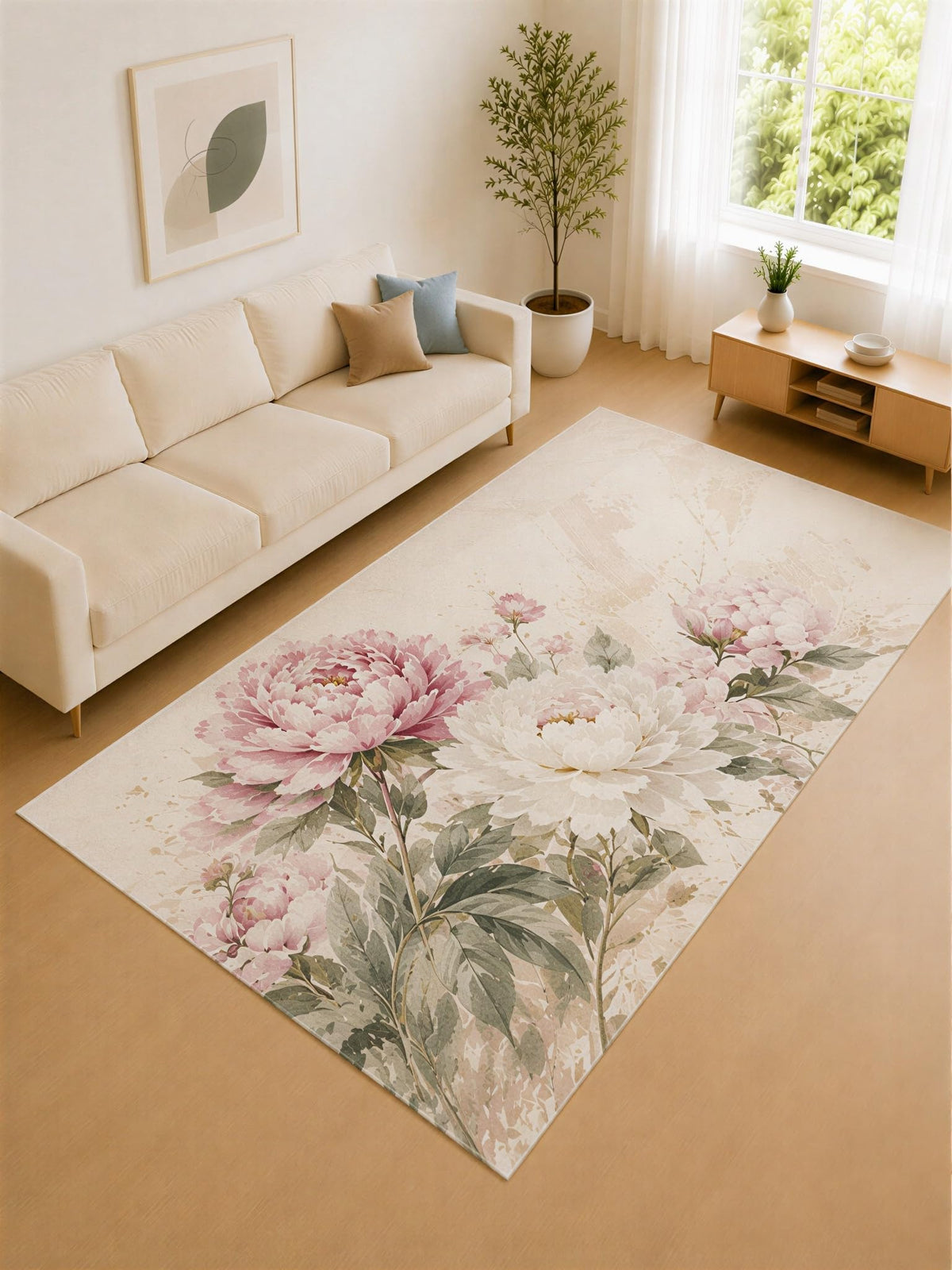 ICE ARMOR Large 6'7" x 9'10" Dusty Rose and Ivory Peony Garden Area Rug for Living Room, Soft Low Pile Carpet with Non-Slip Silicone Backing, Decor for Bedroom and Home Office