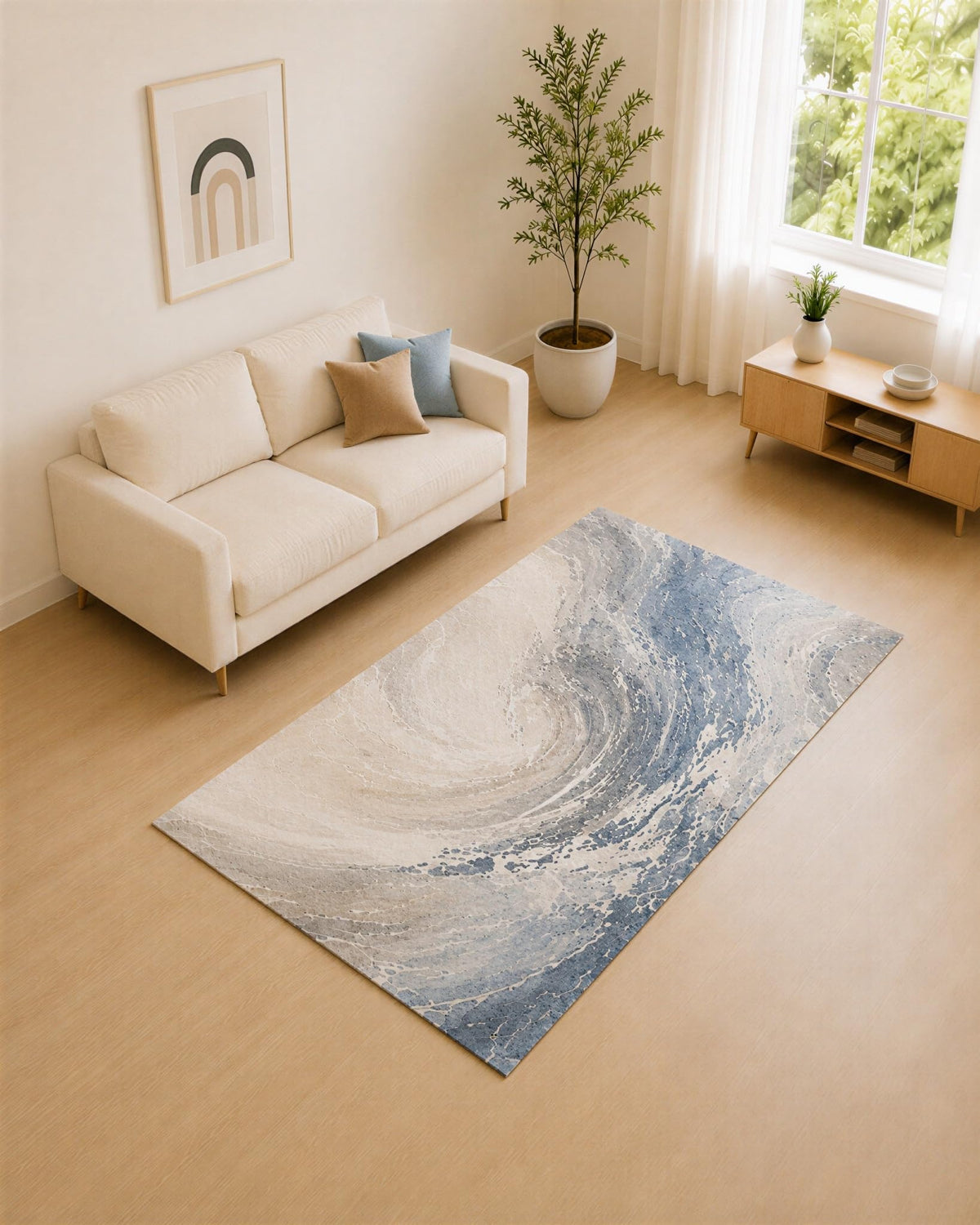 ICE ARMOR 5' x 7' Blue Gray and Ivory Spiral Wave Area Rug for Living Room, Soft Low Pile Carpet with Non-Slip Silicone Backing, Decor for Bedroom and Home Office