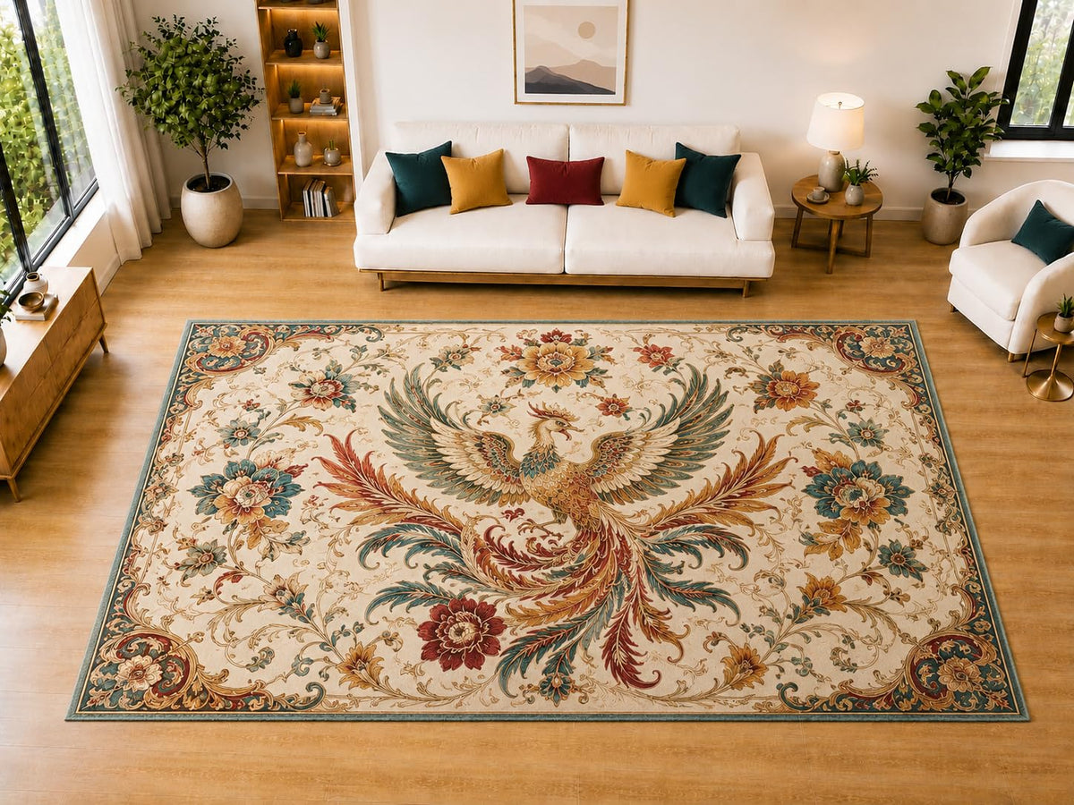 ICE ARMOR "Ultra Light Weight Large 6'7" x 9'10" Phoenix Garden Floral Area Rug for Living Room, Bedroom, Dining Room, Soft Low Pile Non-Slip Backing, Cream Teal Rust