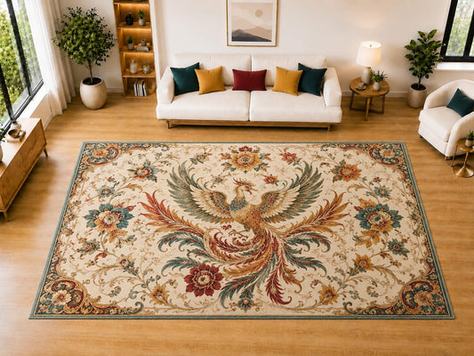 ICE ARMOR "Ultra Light Weight Large 6'7" x 9'10" Phoenix Garden Floral Area Rug for Living Room, Bedroom, Dining Room, Soft Low Pile Non-Slip Backing, Cream Teal Rust