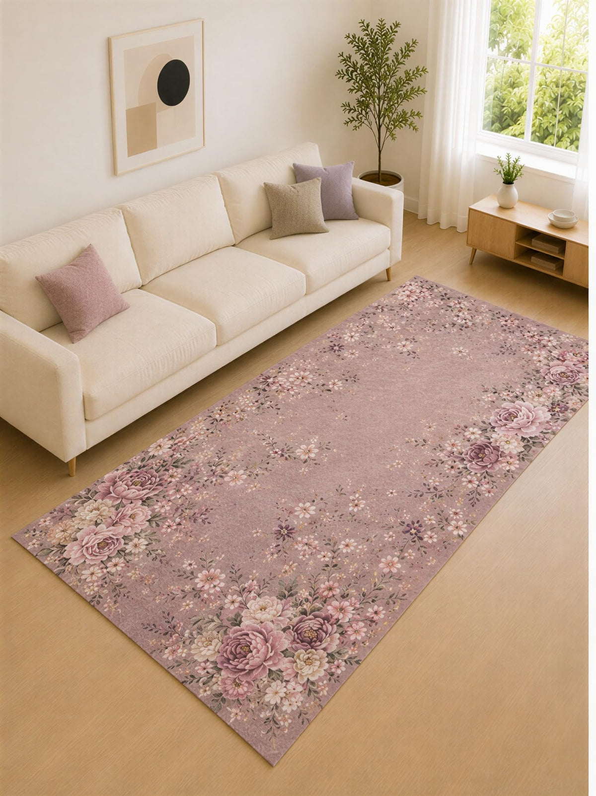ICE ARMOR "Ultra Lightweight Large 6'7" x 9'10" Dusty Mauve and Cream Flower Border Area Rug for Living Room, Bedroom and Home Office, Soft Low Pile Carpet with Non-Slip Silicone Backing