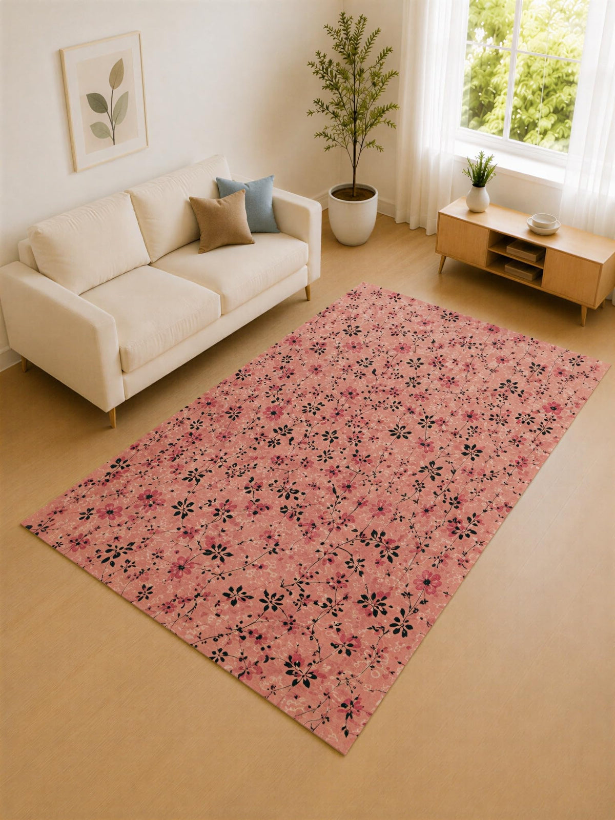 ICE ARMOR "Ultra Lightweight 5' x 7' Coral Pink and Black Meadow Bloom Area Rug for Living Room, Bedroom and Home Office, Soft Low Pile Carpet with Non-Slip Silicone Backing