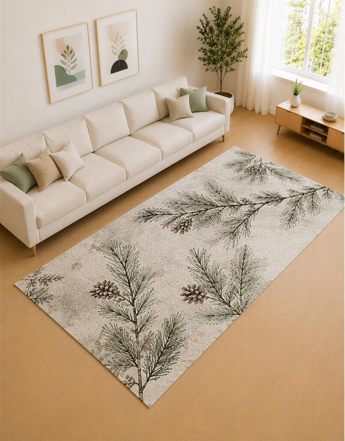 ICE ARMOR Large 6'7" x 9'10" Sage Green and Beige Pine Corners Area Rug for Living Room, Soft Low Pile Carpet with Non-Slip Silicone Backing, Decor for Bedroom and Home Office