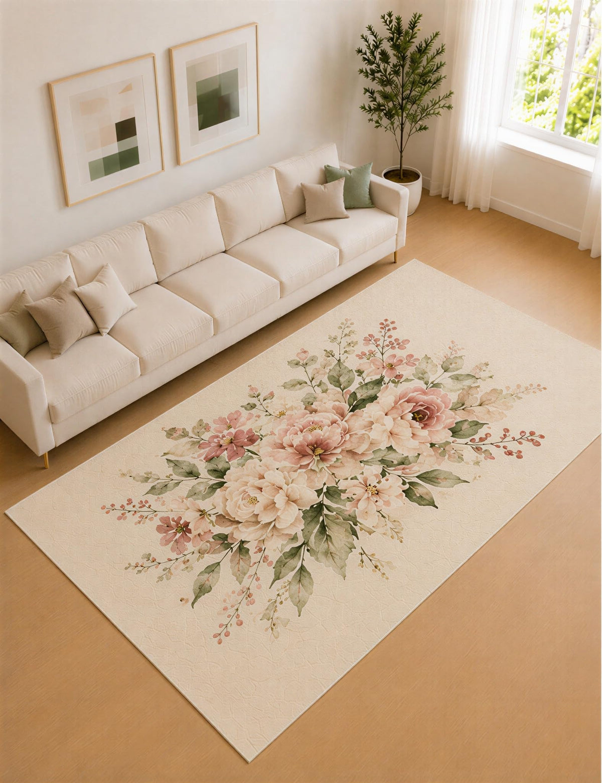 ICE ARMOR Large 6'7" x 9'10" Blush Pink and Ivory Floral Bouquet Area Rug for Living Room, Soft Low Pile Carpet with Non-Slip Silicone Backing, Decor for Bedroom and Home Office