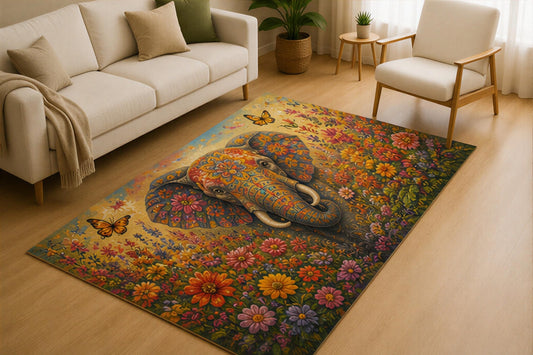 ICE ARMOR 5' x 7' Decorative Elephant Floral Area Rug for Living Room, Soft Low Pile Indoor Rug with Non-Slip Silicone Backing, Carpet for Bedroom, Office, Family Room, Beige Multicolor