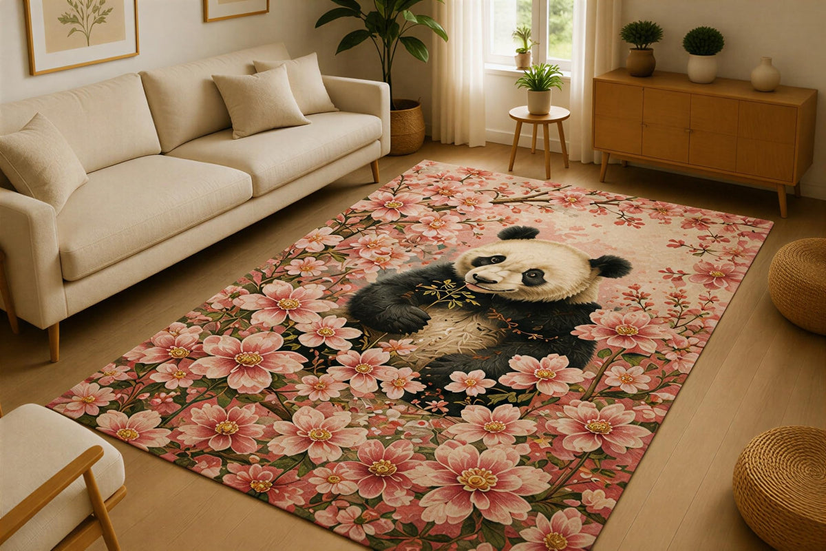 ICE ARMOR 5' x 7' Panda Cherry Blossom Area Rug for Living Room, Soft Low Pile Indoor Rug with Non-Slip Silicone Backing, Floral Wildlife Decor for Bedroom, Nursery, Kids Room, Kids & Pets